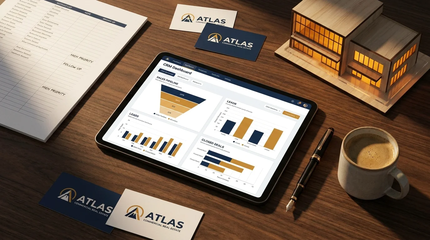 Top-down view of restoration sales workflow on walnut desk with CRM dashboard, account list, business cards, and architectural building model