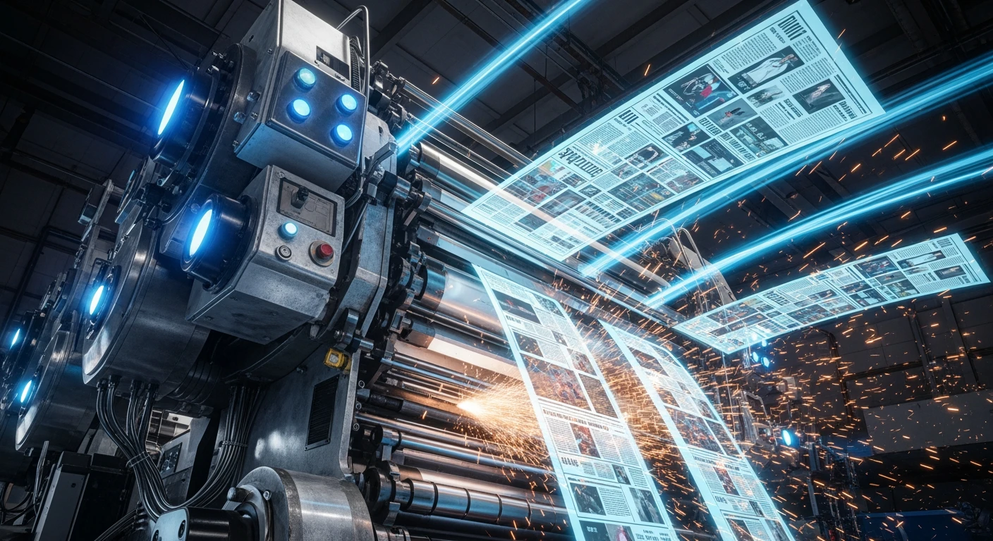 Futuristic content engine combining industrial printing press aesthetics with holographic content sheets flying at high velocity