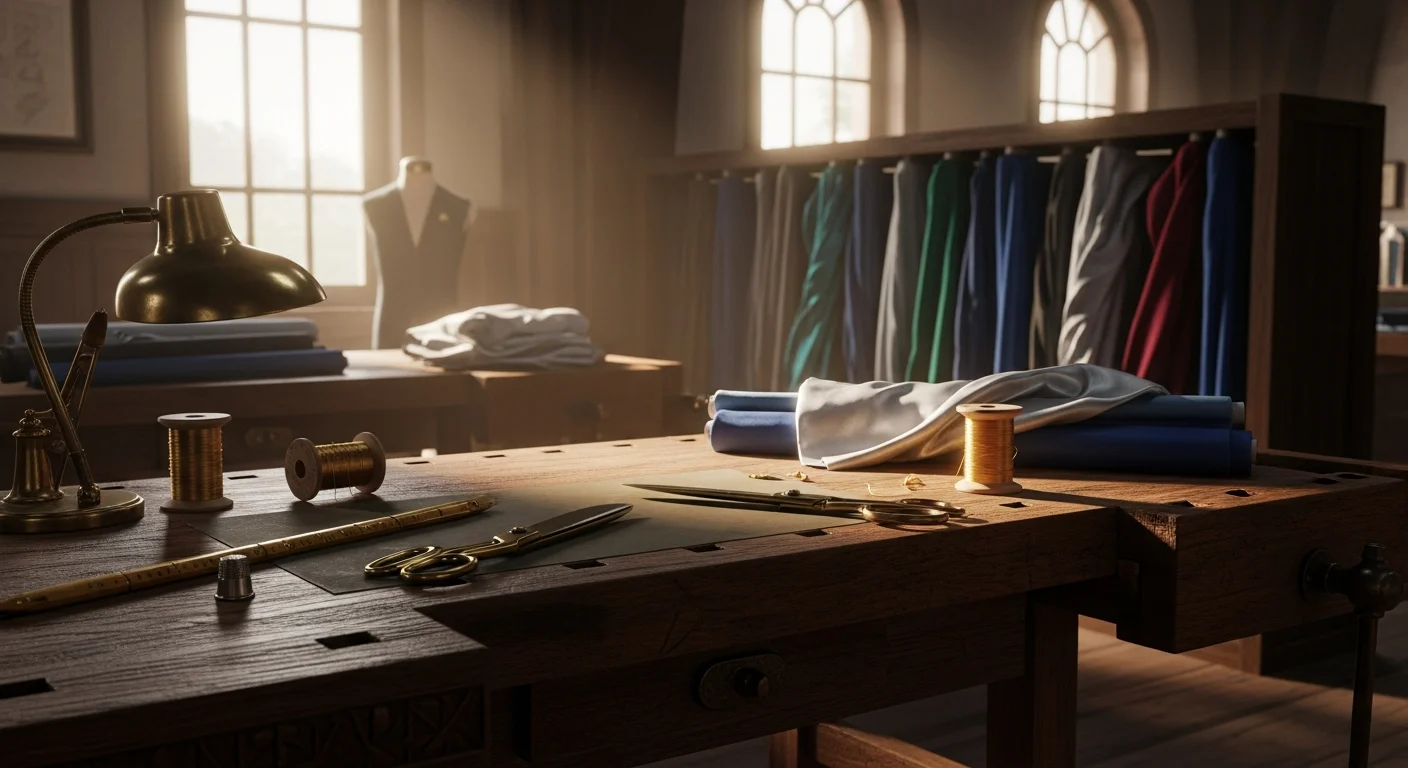 A master tailor's atelier where traditional craftsmanship meets futuristic technology, with measuring tapes, silk fabrics, and glowing digital interfaces on an antique workbench