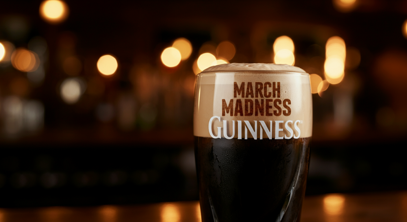 Guinness with March Madness logo printed on foam head at Doyles bar in Tacoma WA