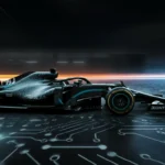 Formula One car on a circuit track with glowing circuit board patterns — The Driver and the Car: AI and human performance