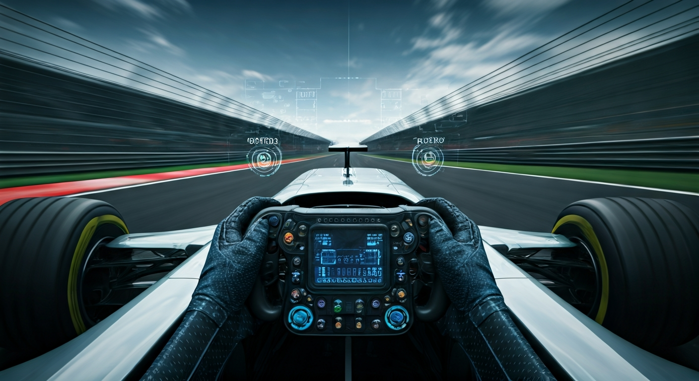First-person cockpit view inside a Formula 1 car at speed, with digital energy harvest HUD overlays