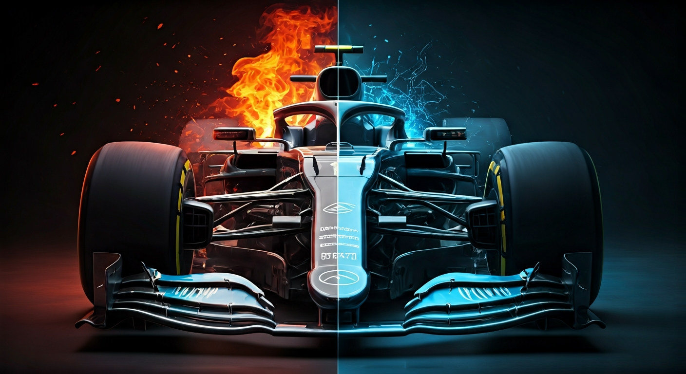 Split view of classic V10 F1 engine with fire on the left versus modern hybrid electric power unit with blue circuits on the right