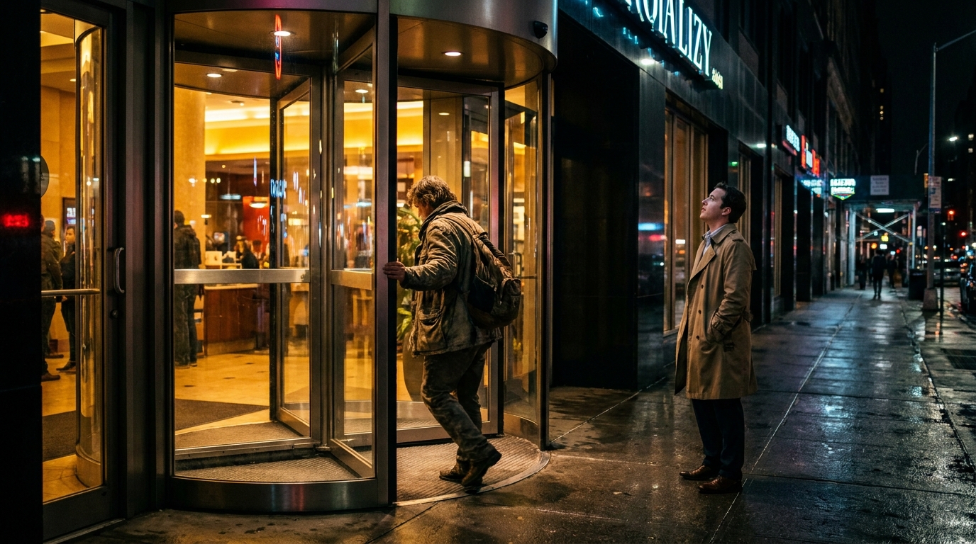 Returning visitor pushing through revolving door while new visitor stands outside