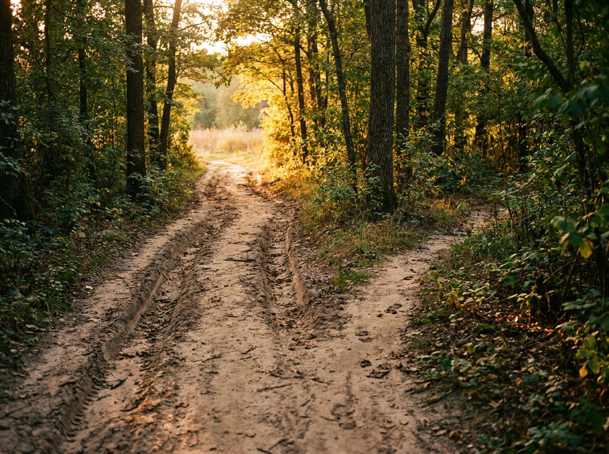 Well-worn forest path toward golden light