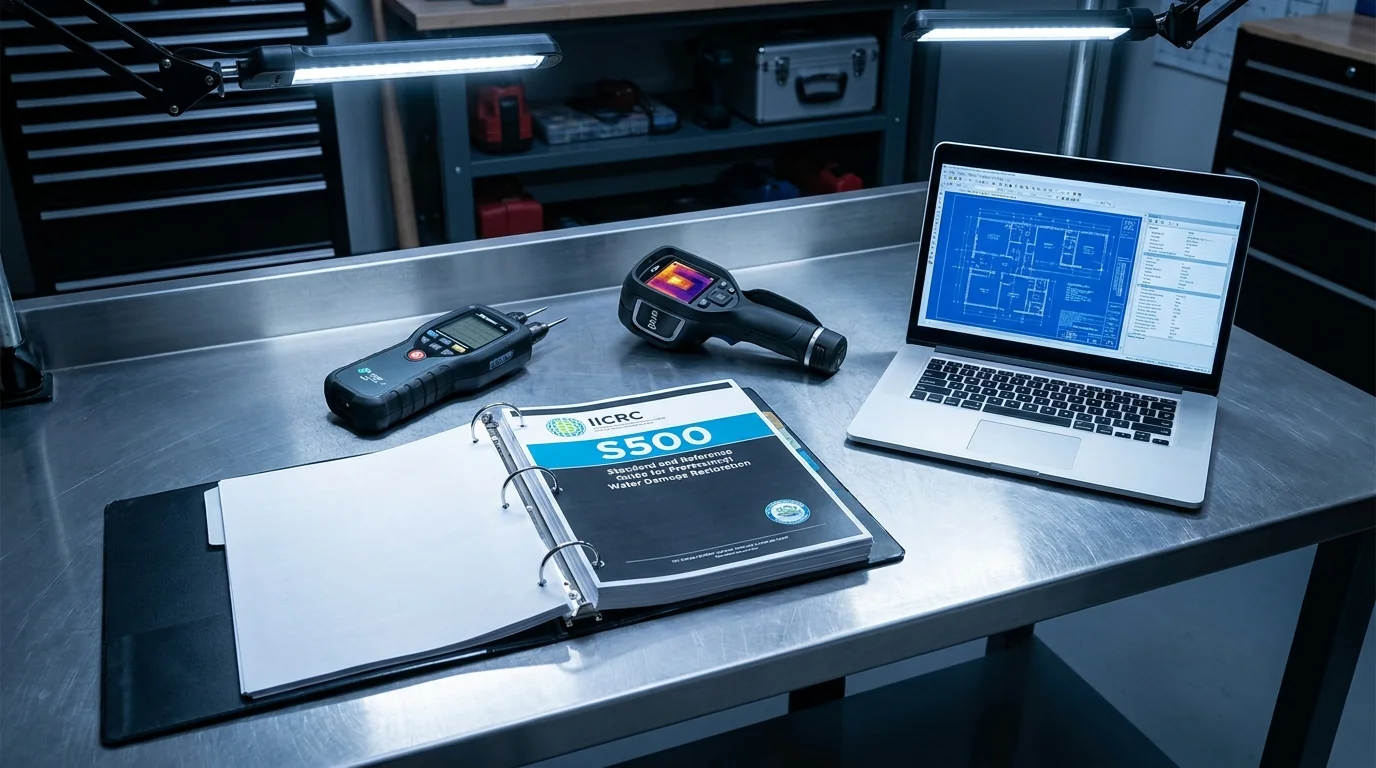 IICRC S500 standards binder open on workbench with moisture meter, thermal imaging camera, and laptop showing technical schematics