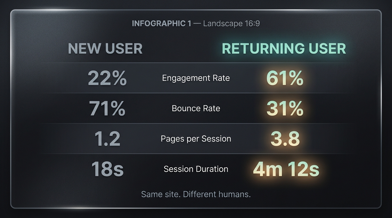 New user 22% engagement 18s vs returning user 61% engagement 4m12s