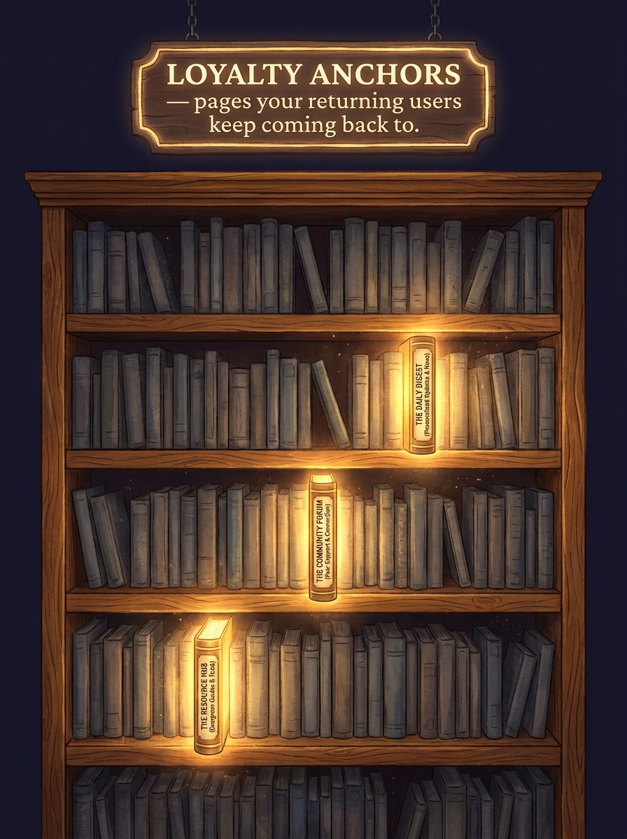 Bookshelf with three glowing loyalty anchor pages among dozens of dim untouched ones