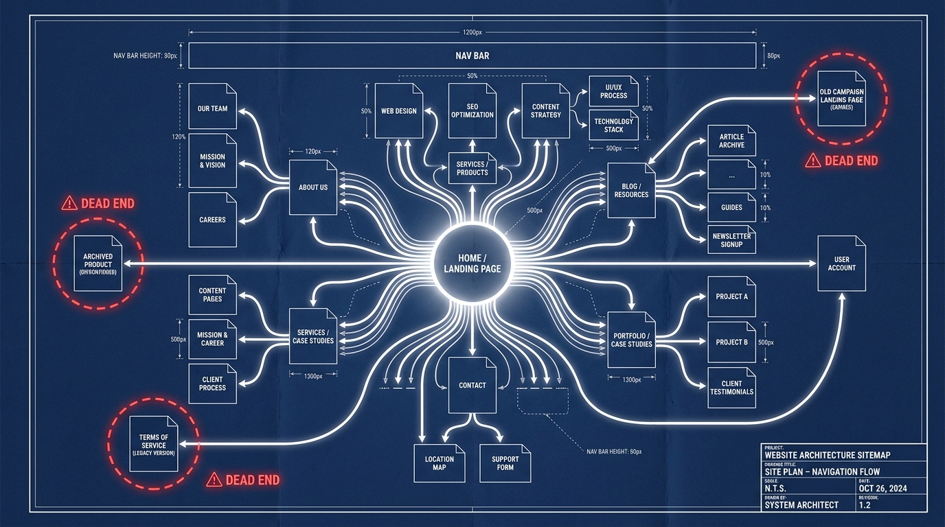 Website sitemap blueprint with dead-end pages circled in red