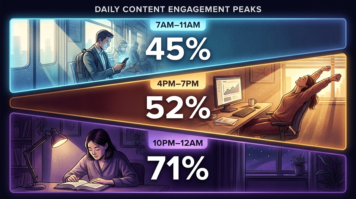 Three engagement peaks: 7AM-11AM 45%, 4PM-7PM 52%, 10PM-12AM 71%