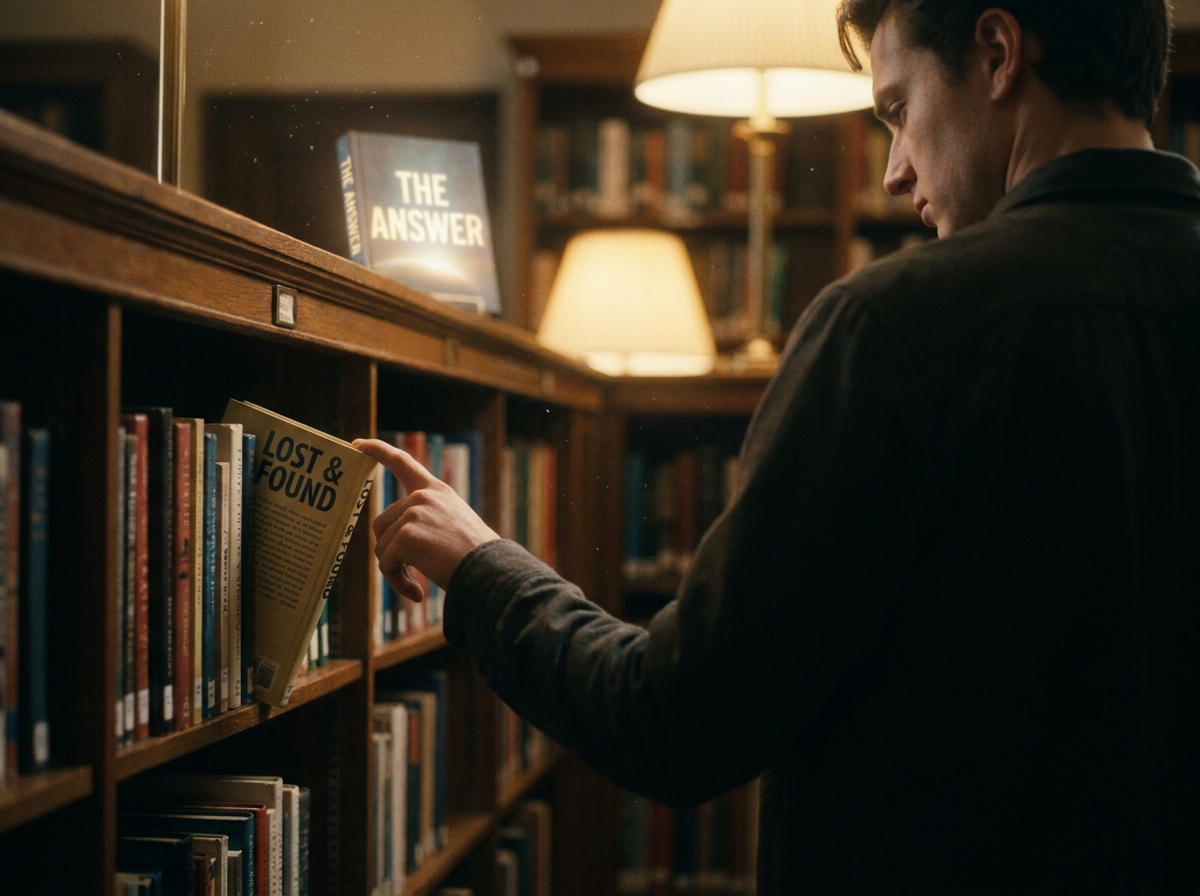 Person pulling wrong book while the right answer glows out of reach