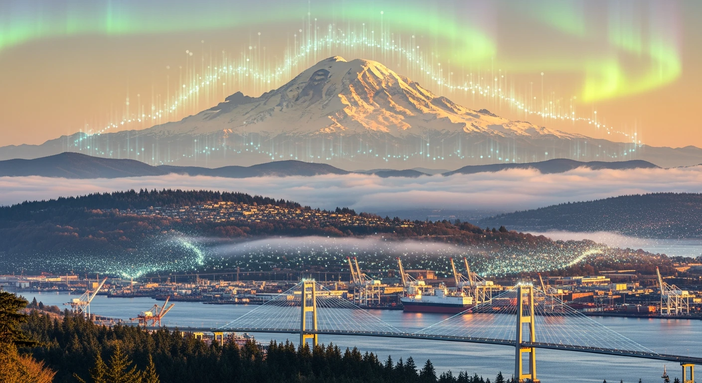 Epic Pacific Northwest landscape with Mount Rainier at golden hour enhanced with holographic data streams and digital overlays representing Tacoma-based digital operations