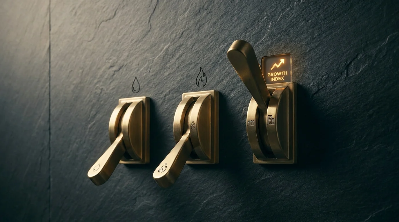 Three industrial brass levers labeled with restoration industry icons mounted on dark slate wall representing revenue growth strategy