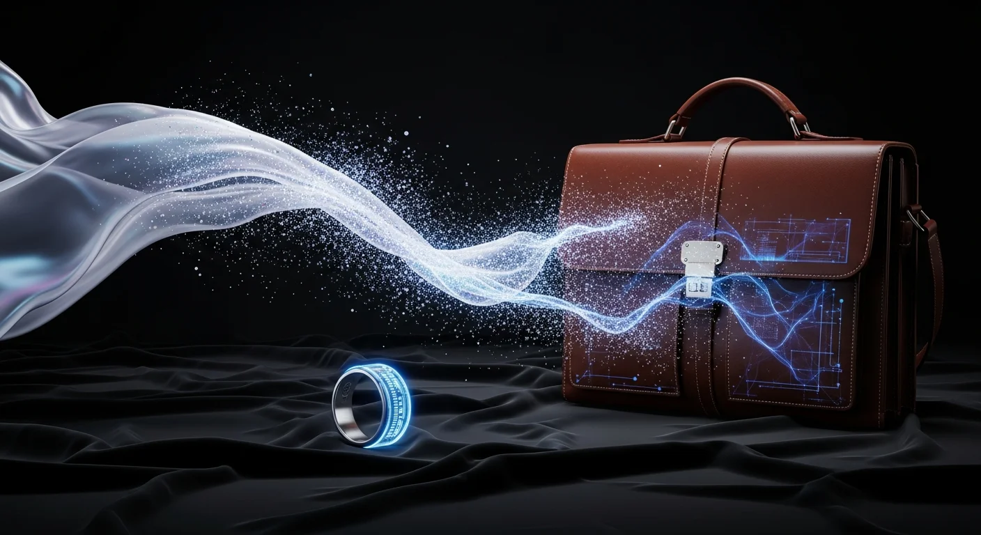 Editorial still life showing a glowing smart ring, structured leather briefcase with holographic elements, and luminous fabric transitioning from silk to light particles