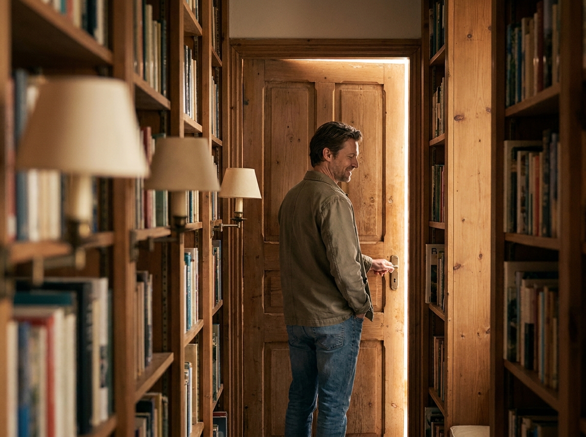 Satisfied exit — man leaving library corridor through warm door