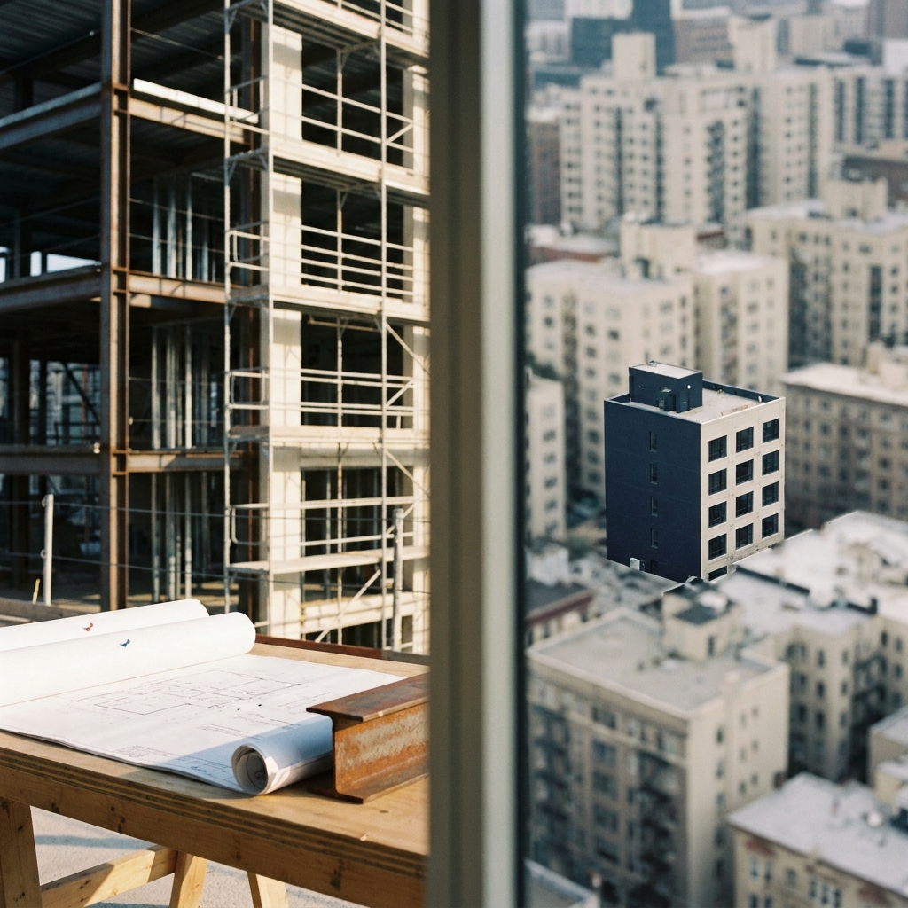 Split-frame editorial photograph: steel-beam construction scaffolding on the left, a distant aerial view of the same building inside a city grid on the right, with blueprints on a workbench in the foreground. Muted navy and bone-white palette with a rust accent.