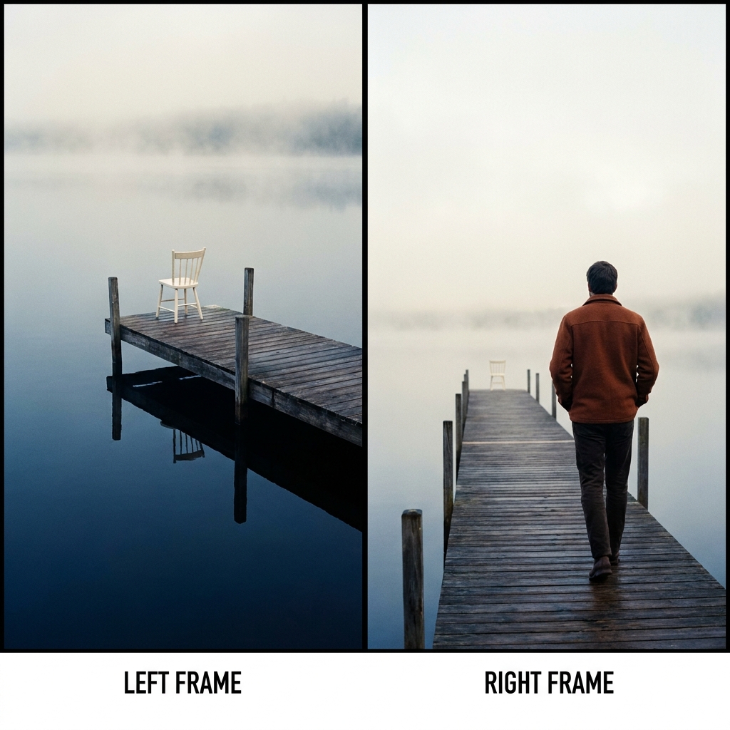 Split frame: empty bone-white chair at the end of a long dock on still water beside a solitary figure in a rust jacket walking away from the chair