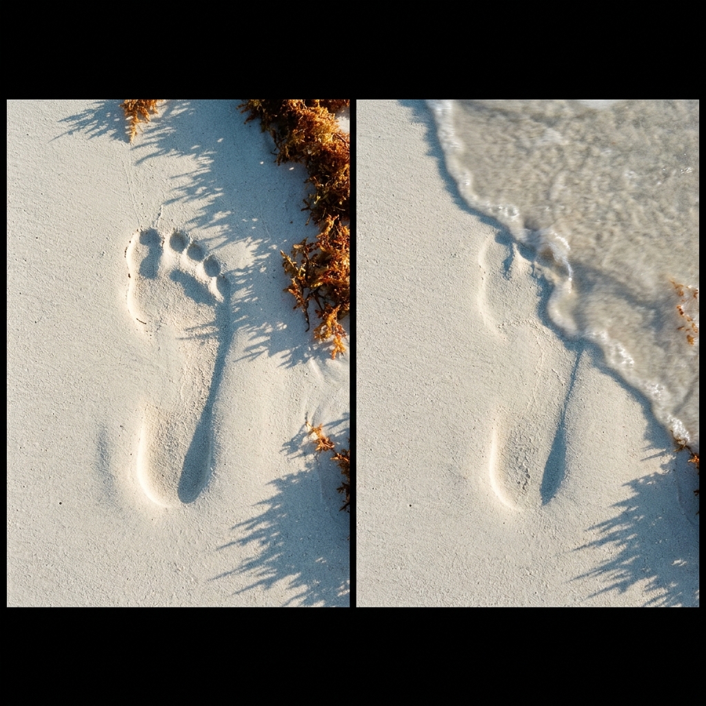 Split frame: a crisp bare footprint in wet sand beside the same footprint half-erased by incoming water