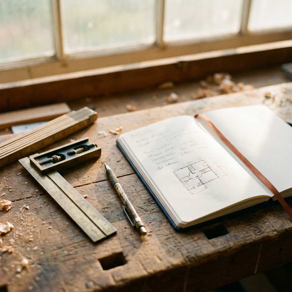Close-up of a weathered wood workbench in warm afternoon light: machinist's square, folding rule, mechanical pencil, and an open notebook showing handwritten notes and a small hand-drawn floor plan.