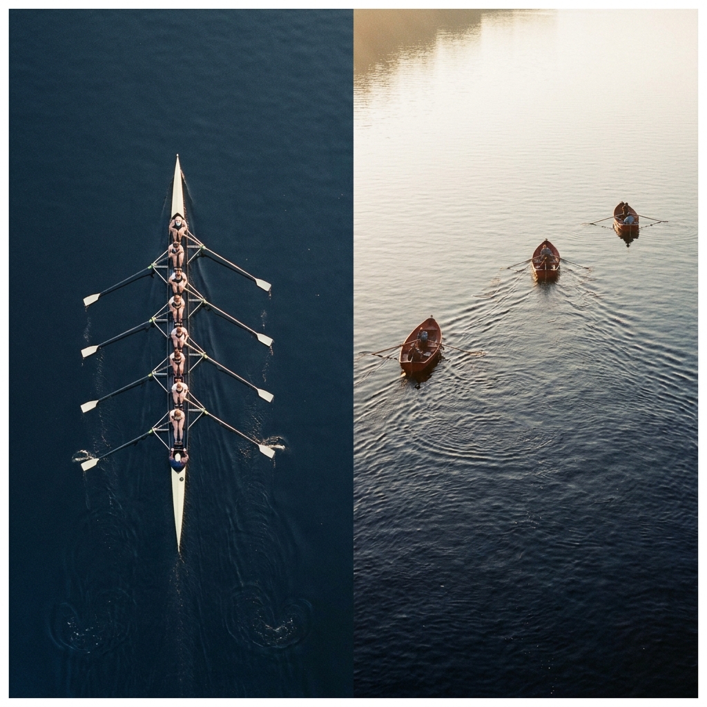 Overhead split-frame of a rowing crew pulling in sync on dark water beside smaller boats lifted on the wake
