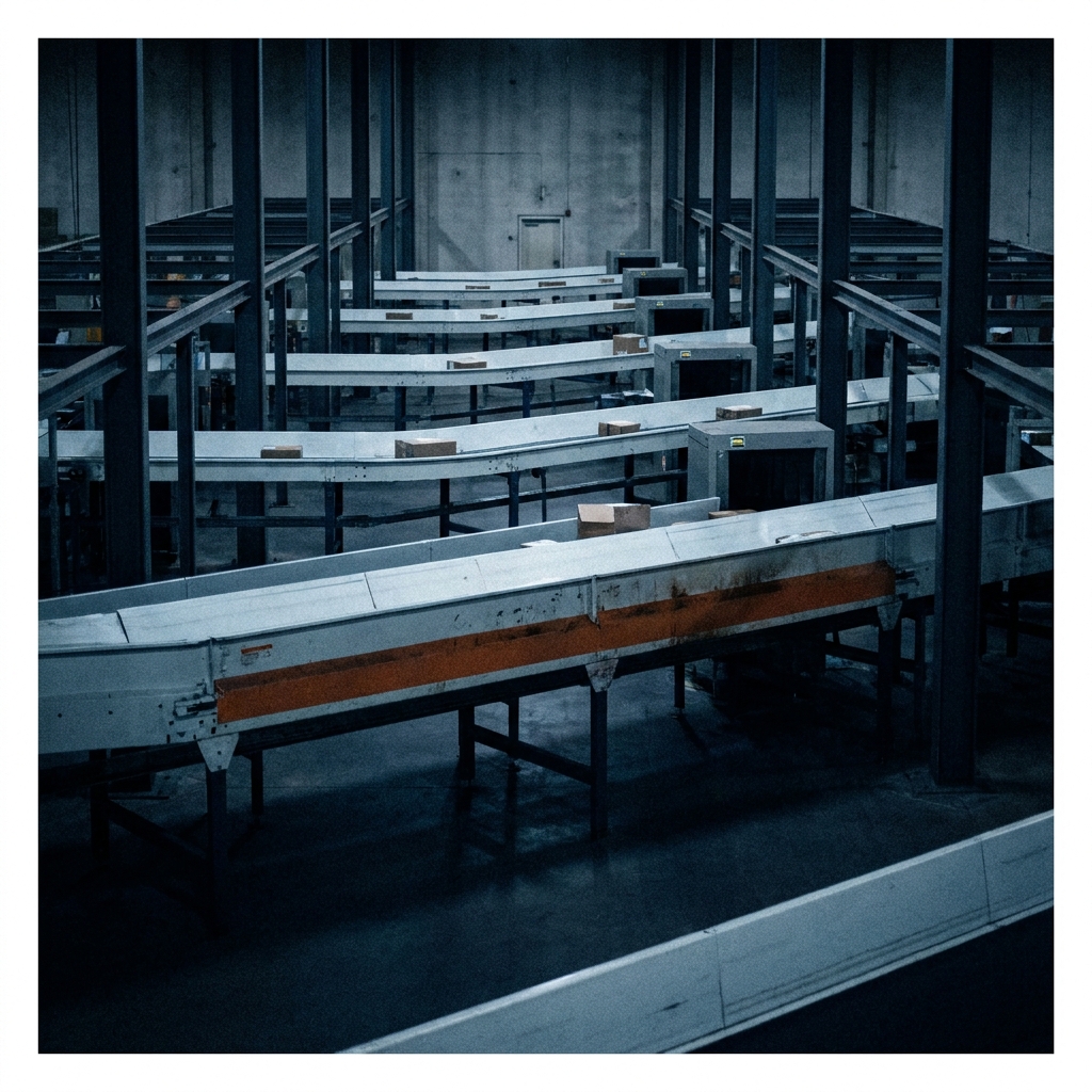 Wide interior of a vast industrial conveyor-belt sorting facility at dusk, endless belts disappearing into the distance, an orange warning stripe on the foreground belt, a single human-scale doorway nearly invisible at the far wall.