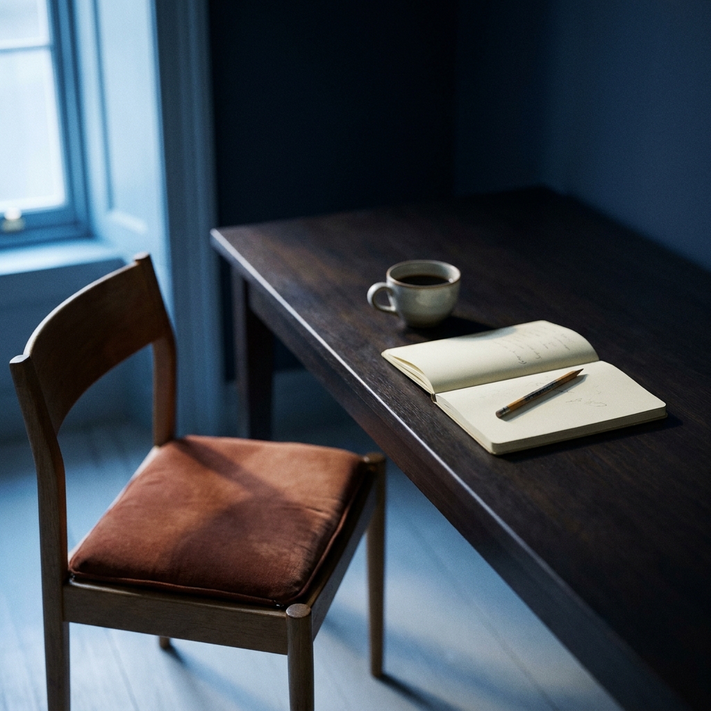 Quiet early-morning interior scene: a wooden chair with a rust-colored cushion pulled up to a dark wood desk near a window, a half-finished cup of coffee, an open notebook with a pencil laid across an unfinished page.