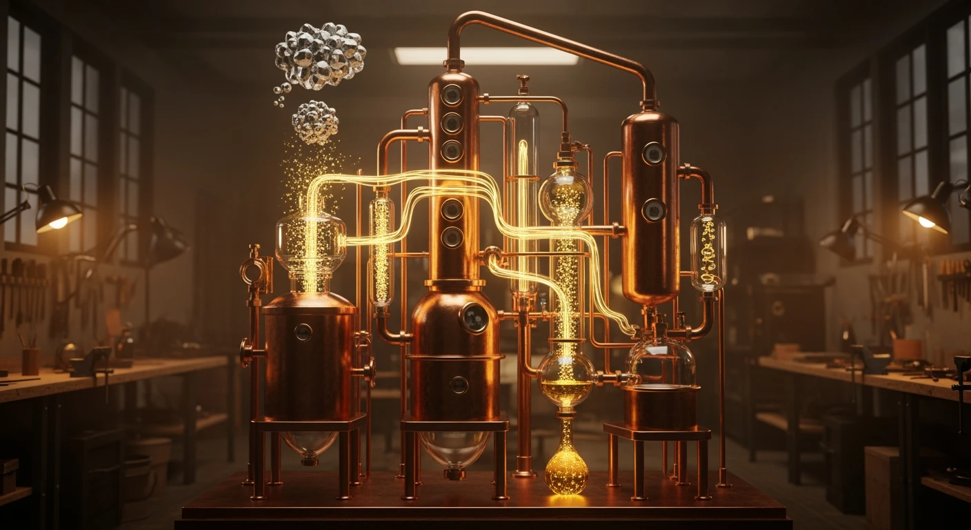 Copper and glass distillery apparatus transforming raw knowledge into refined golden intelligence droplets in a moody workshop setting