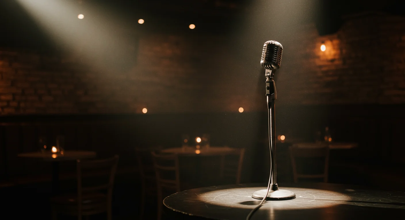 Spotlight on empty microphone in dark comedy club with silhouetted audience member raising hand to ask a question - The Prompt Show concept