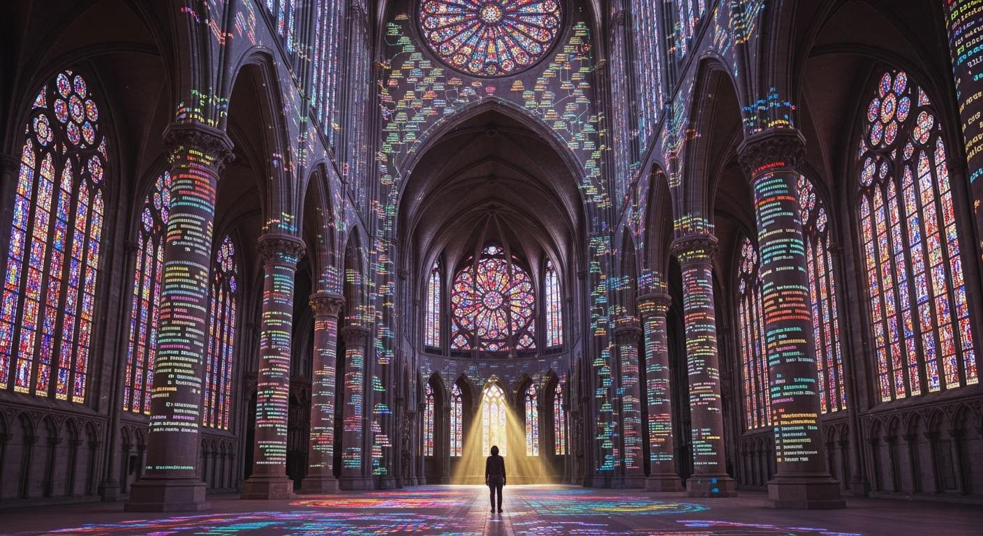 Gothic cathedral interior where the architecture represents information taxonomy with stained glass data hierarchies and metadata-inscribed pillars