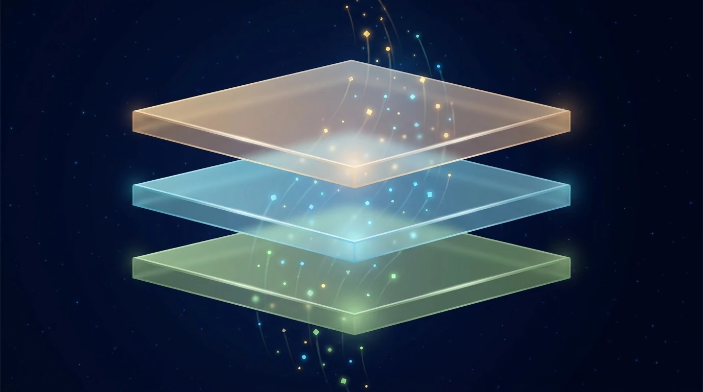 Three stacked translucent glass layers in amber, blue, and green with particles flowing upward representing agent tier promotion