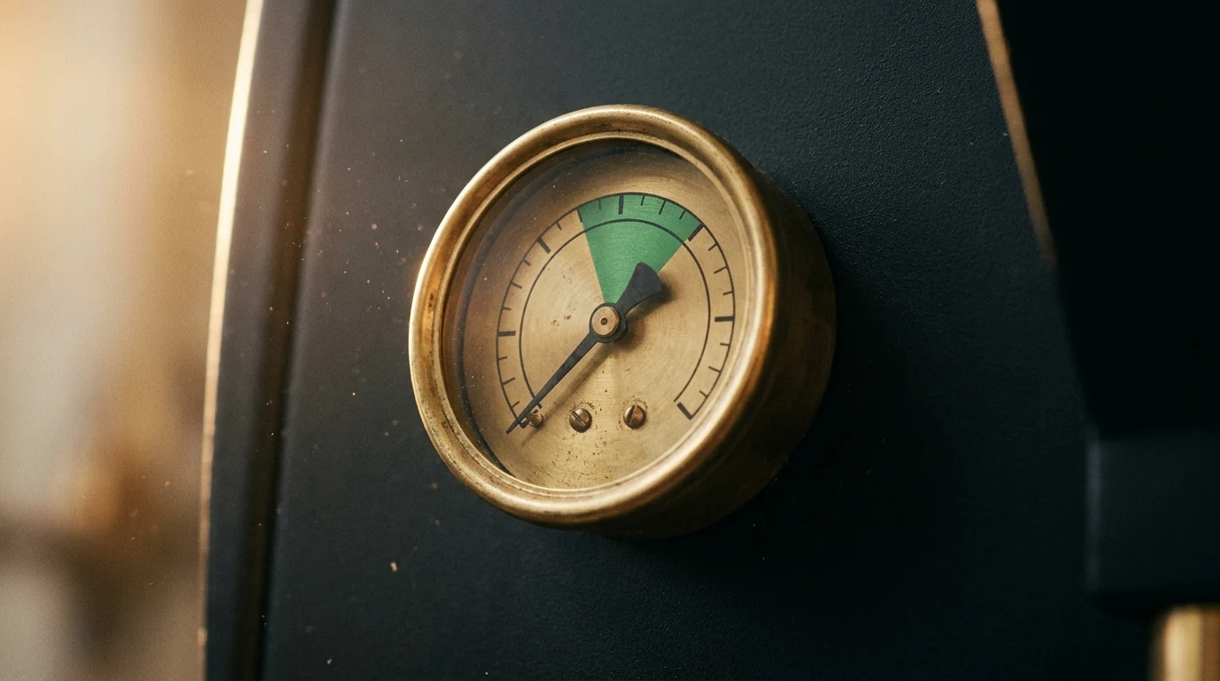 Vintage brass pressure gauge with the needle resting in a green clean zone, representing evidence-based trust in autonomous systems
