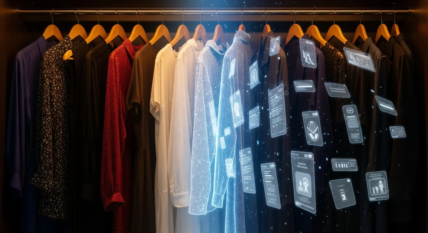 An elegant closet where physical luxury garments on wooden hangers gradually transform into translucent holographic software interfaces