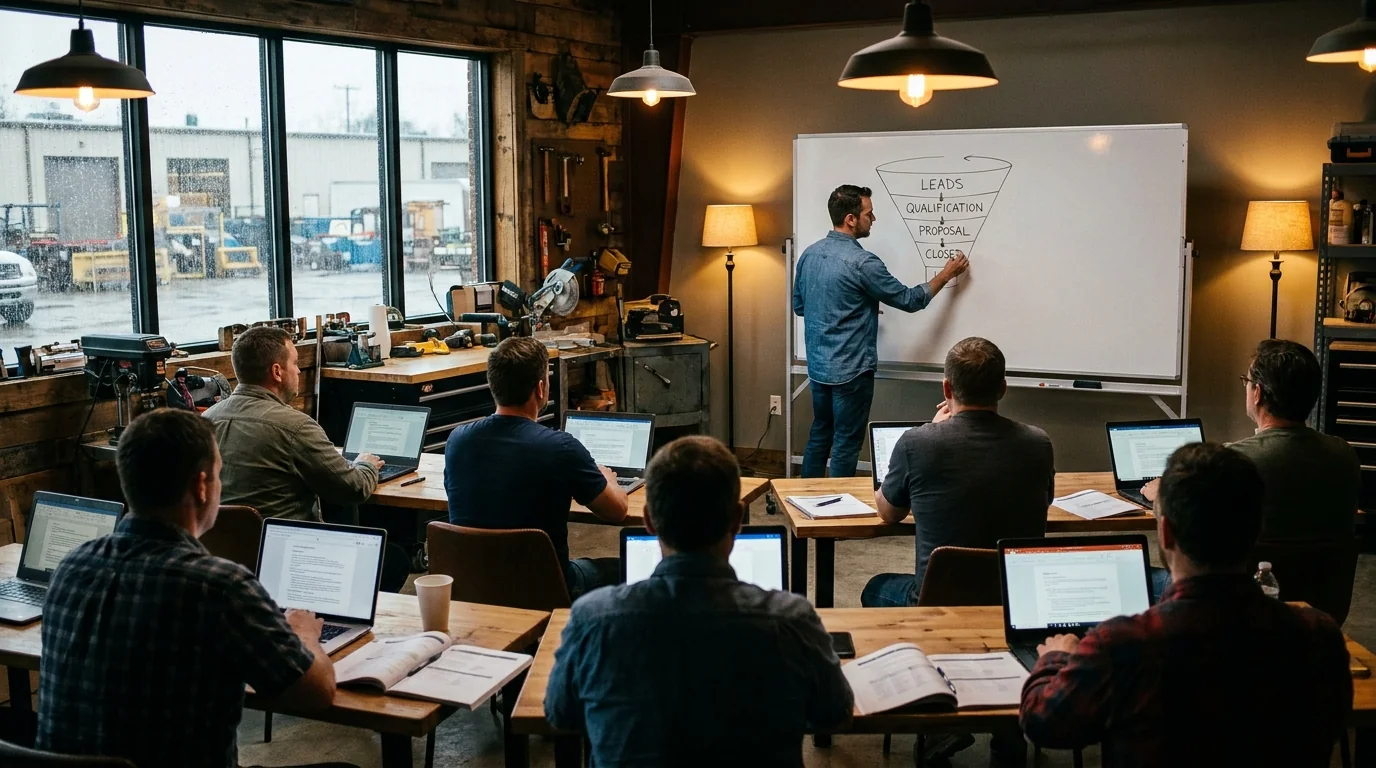 Restoration industry sales training classroom with attendees seated at tables and instructor at whiteboard with sales funnel diagram
