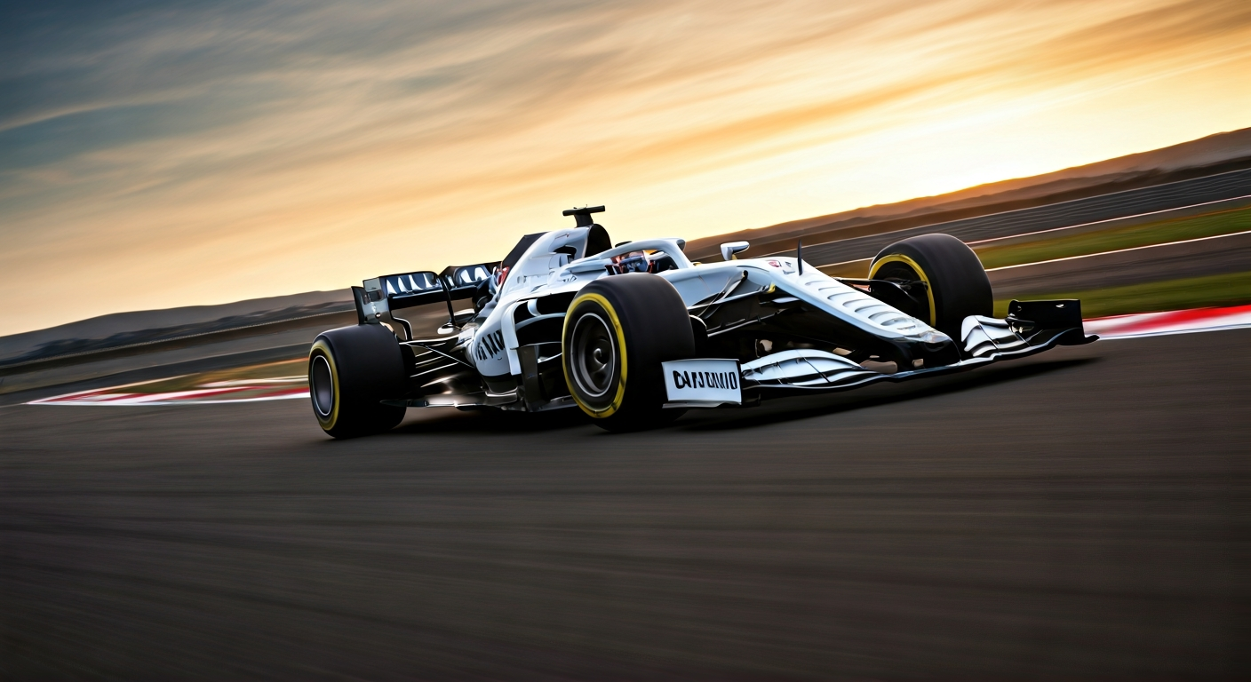 Williams Formula 1 car in white and blue livery at sunset with a glowing AI aura
