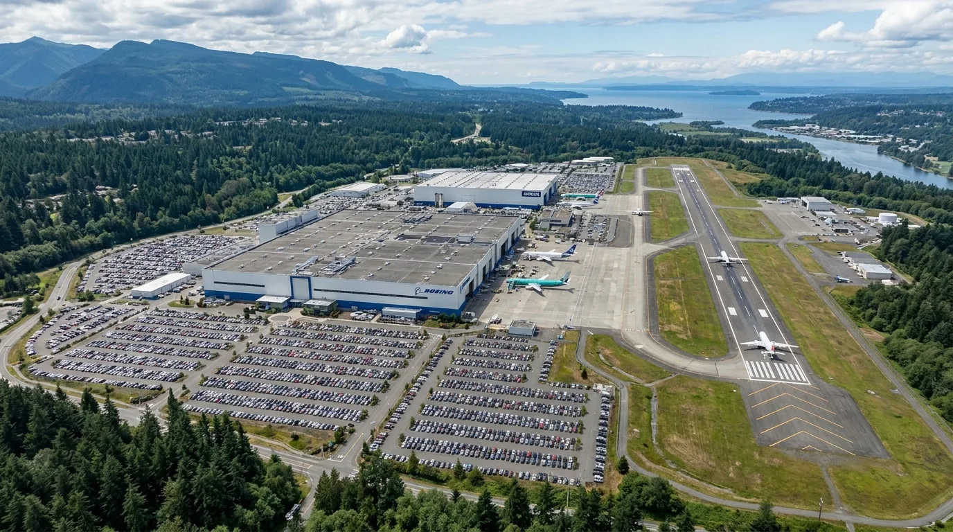 Aerospace manufacturing campus aerial view at Paine Field - editorial photograph for Tygart Media Everett desk coverage