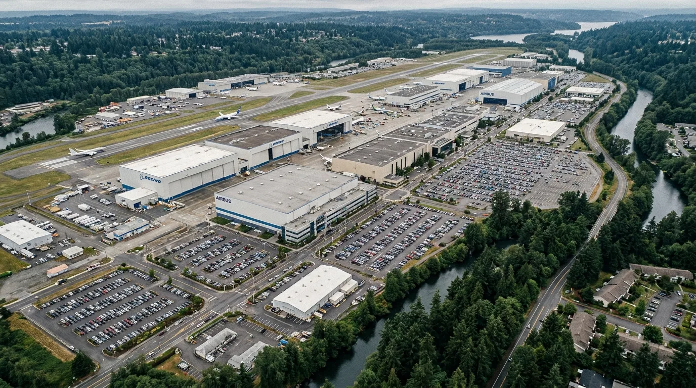 Aerospace manufacturing campus aerial view at Paine Field - editorial photograph for Tygart Media Everett desk coverage