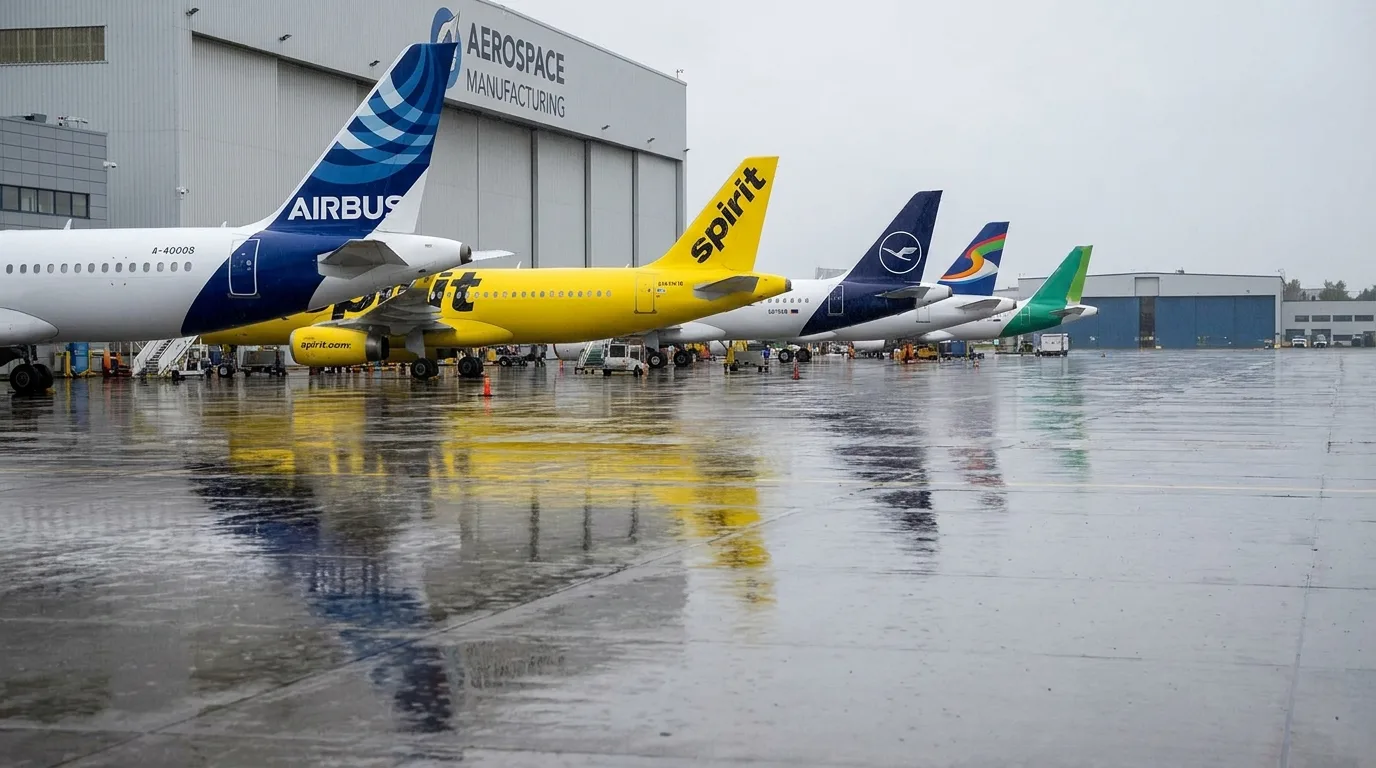 Aircraft tail sections in factory parking area - editorial photograph for Tygart Media Everett desk coverage