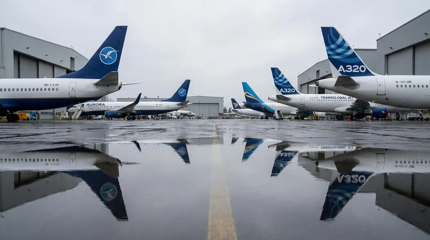 Aircraft tail sections in factory parking area - editorial photograph for Tygart Media Everett desk coverage