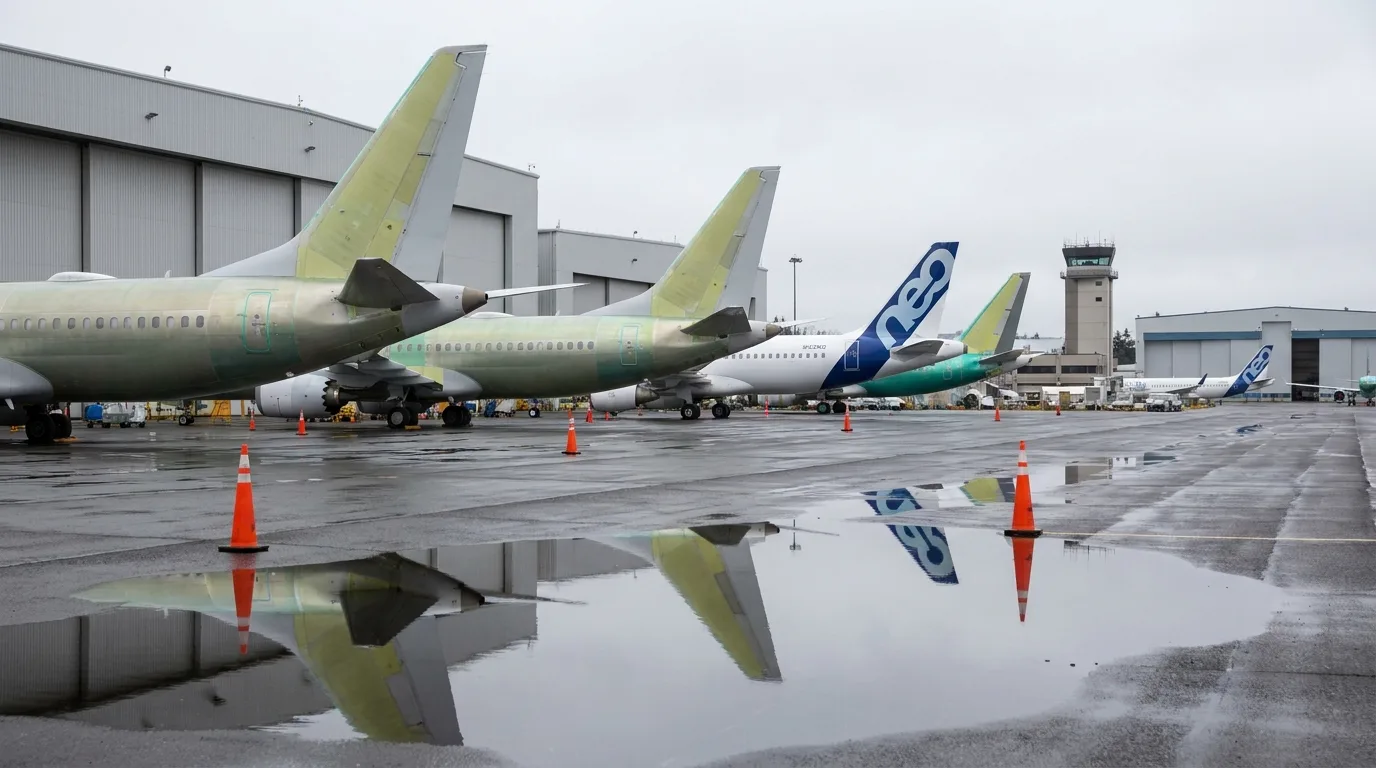 Aircraft tail sections in factory parking area - editorial photograph for Tygart Media Everett desk coverage