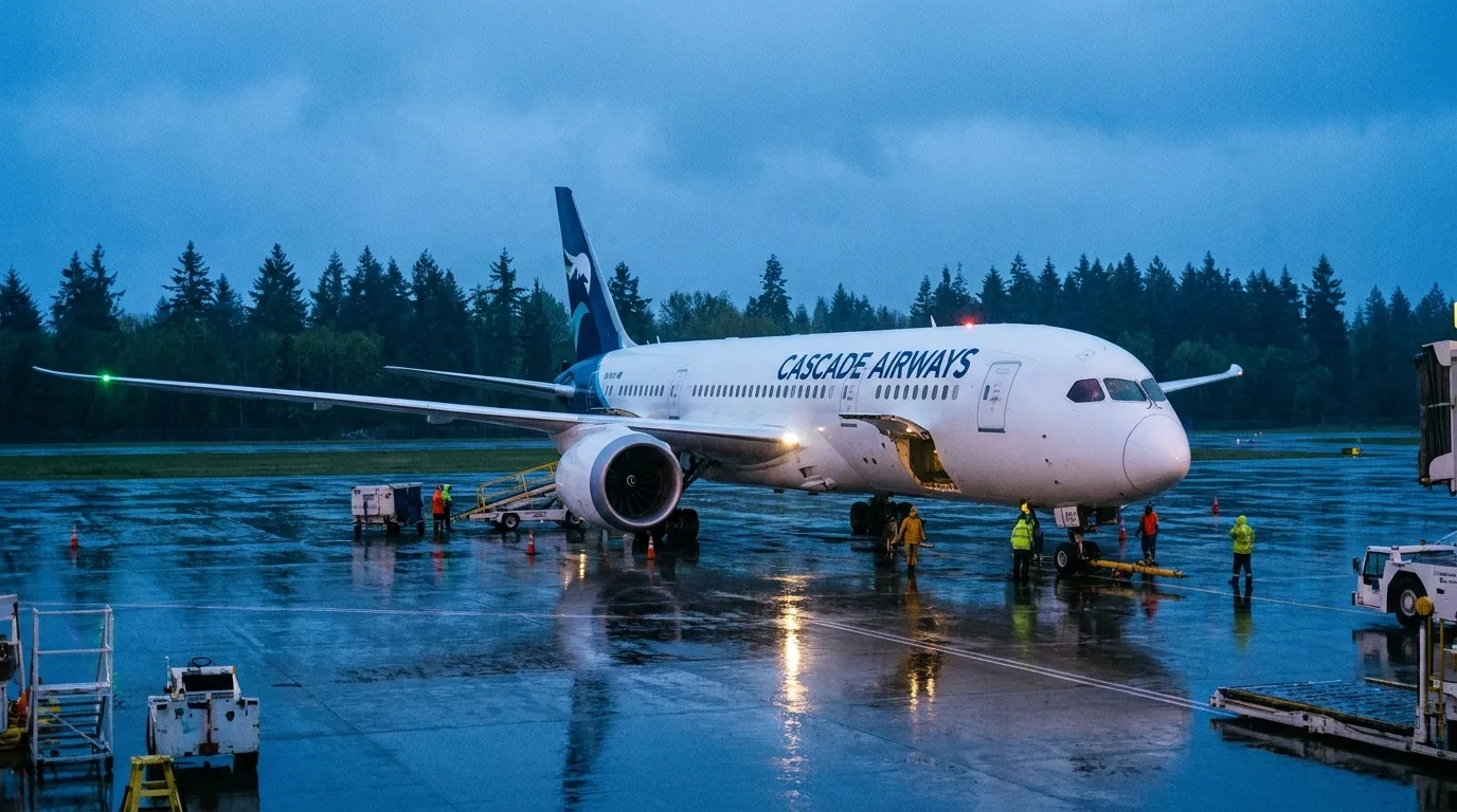 Commercial widebody jet on rain-slicked tarmac at dusk - editorial photograph for Tygart Media Everett desk coverage