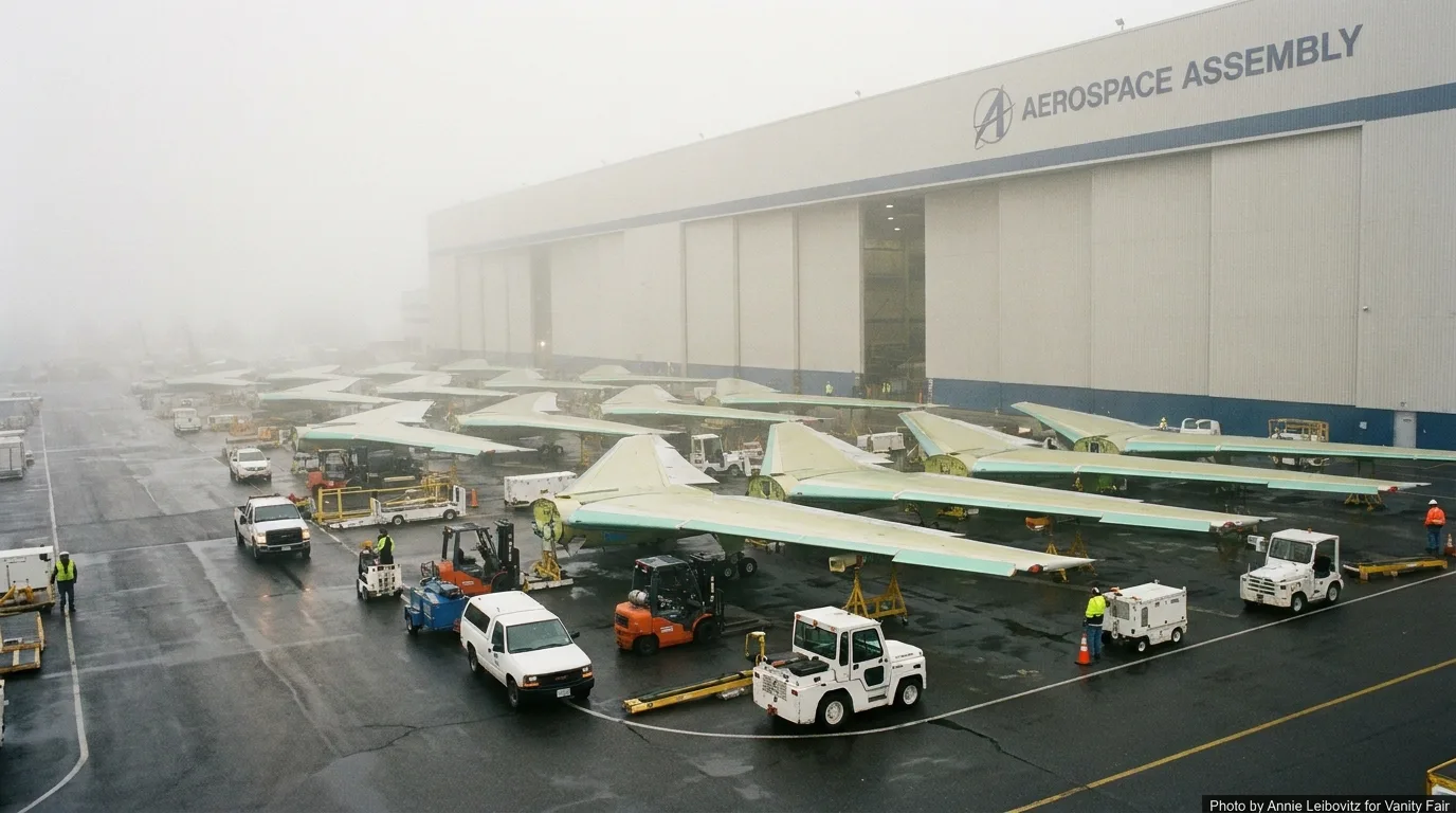 Finished wing sections staged outside assembly building - editorial photograph for Tygart Media Everett desk coverage