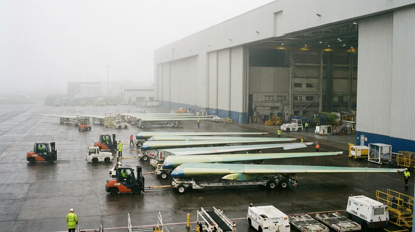 Finished wing sections staged outside assembly building - editorial photograph for Tygart Media Everett desk coverage
