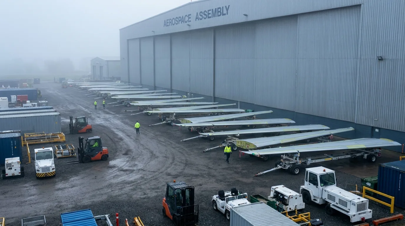 Finished wing sections staged outside assembly building - editorial photograph for Tygart Media Everett desk coverage