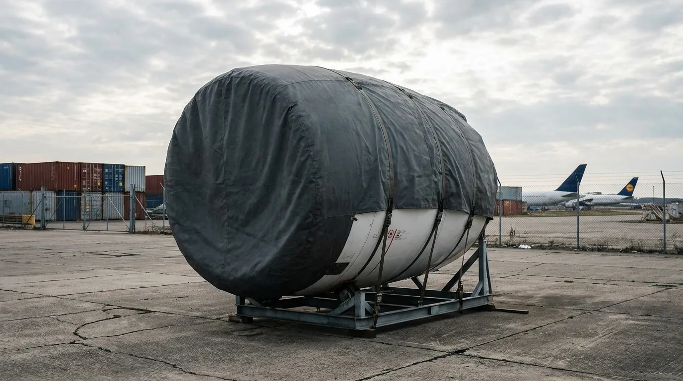 Jet engine nacelle under fabric cover at outdoor staging area - editorial photograph for Tygart Media Everett desk coverage
