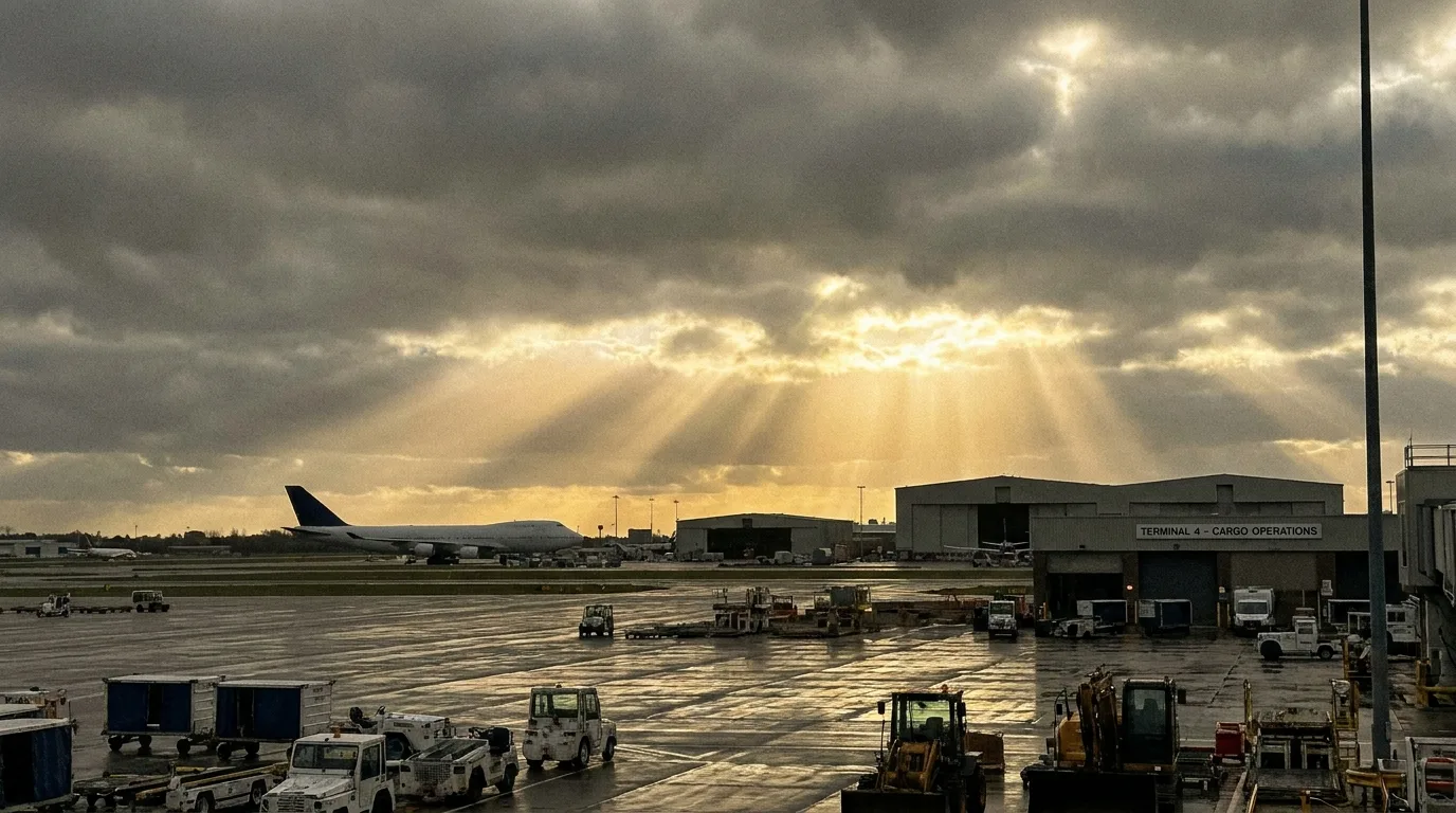 Sun breaking through clouds over commercial-industrial airport - editorial photograph for Tygart Media Everett desk coverage