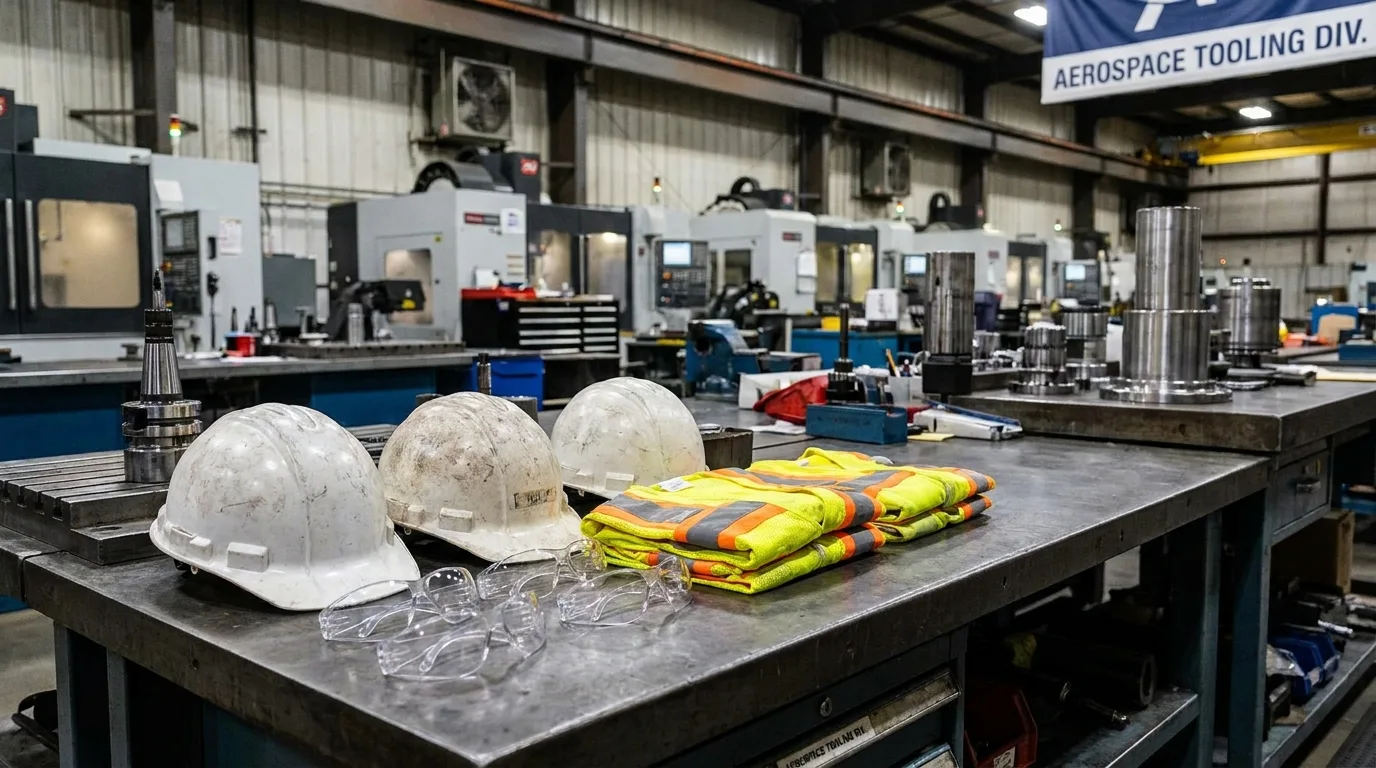 Worker safety gear arranged on aerospace tooling workbench - editorial photograph for Tygart Media Everett desk coverage