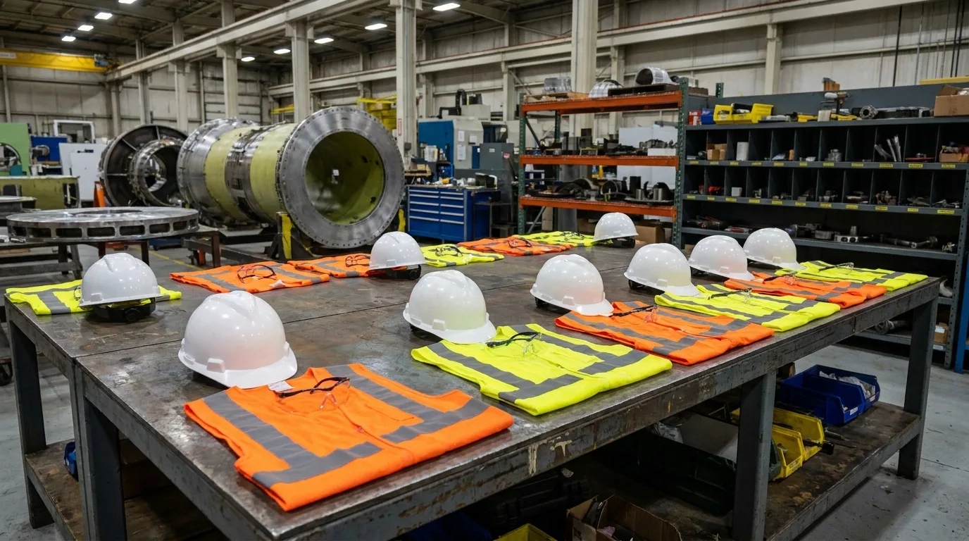 Worker safety gear arranged on aerospace tooling workbench - editorial photograph for Tygart Media Everett desk coverage