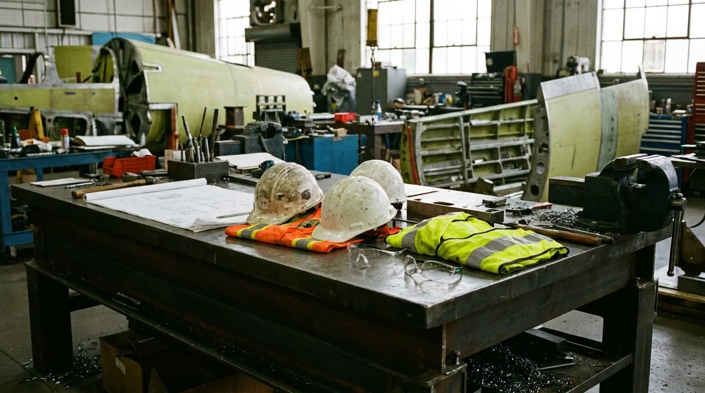 Worker safety gear arranged on aerospace tooling workbench - editorial photograph for Tygart Media Everett desk coverage