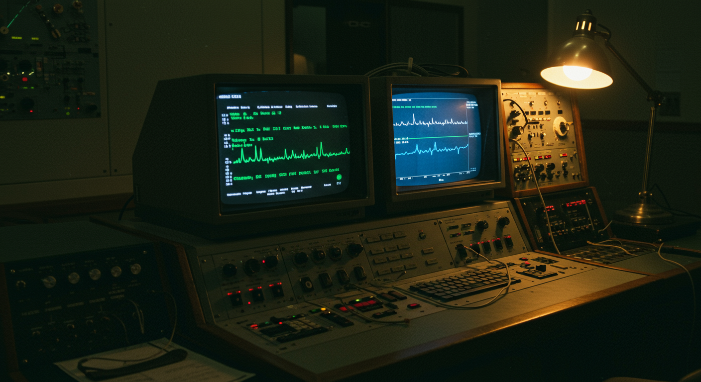 A vintage control room with two side-by-side CRT monitors representing two AI systems working together
