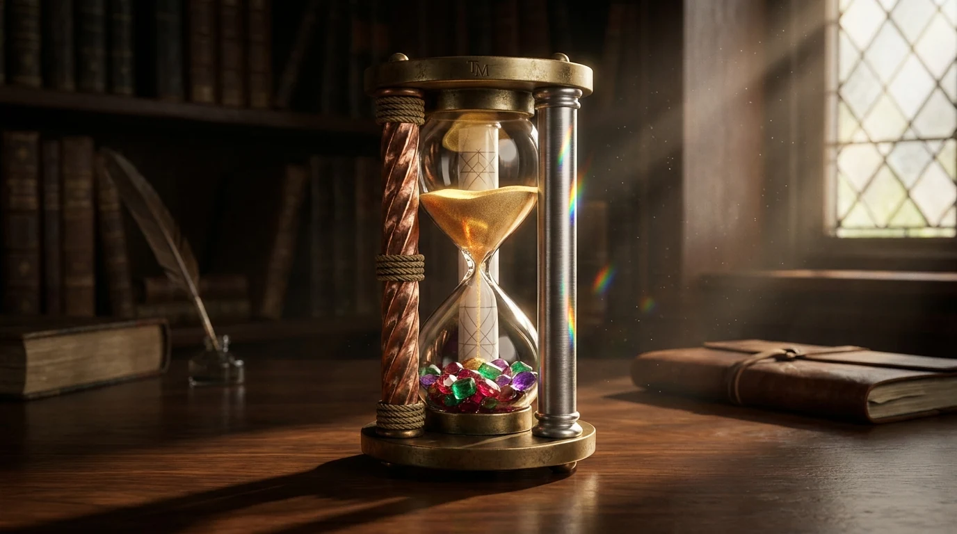 Antique hourglass with three pillars of copper rope, porcelain grid, and brushed steel, golden sand falling onto polished gemstones